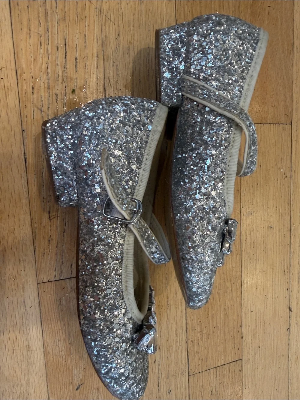 Crewcuts Silver Glitter Mary Janes with Gem Embellishments
